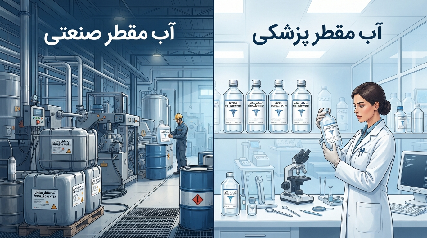 تفاوت آب مقطر صنعتی و پزشکی چیست؟ بررسی کامل کاربردها، ویژگی‌ها و نکات مهم خرید
